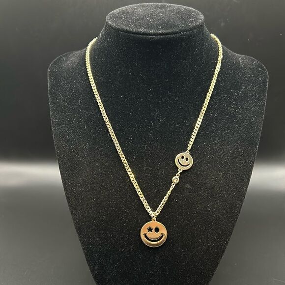 Double Happy Face Gold Tone Necklace, 18” - Picture 1 of 6